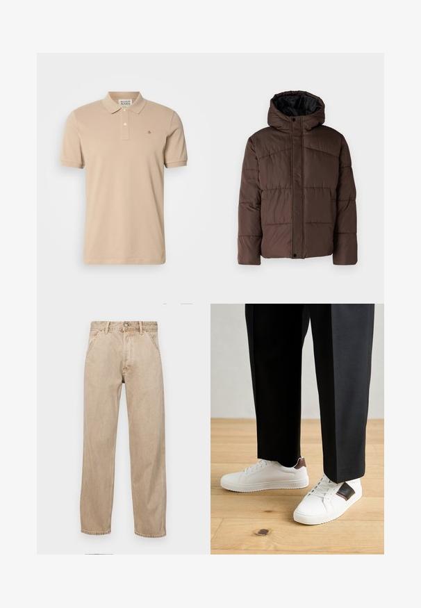 Bruine gewatteerde jas met capuchon, met een doorstikte structuur, voorzijde met drukknoopsluiting en zijzakken. Voering van zwarte stof.; Beige polo shirt gemaakt van katoen, met een klassieke kraag, korte mouwen en een klein geborduurd logo op de borst. Twee-knopenbies.; Beige denim jeans met een recht gesneden ontwerp, voorzien van voorzakken, een metalen knoopsluiting en een subtiele textuur.; Witte sneakers met een gladde textuur, voorzien van bruine lederen accenten en zwarte details, gecombineerd met zwarte maatpakken. Achtergrond van houten vloeren.