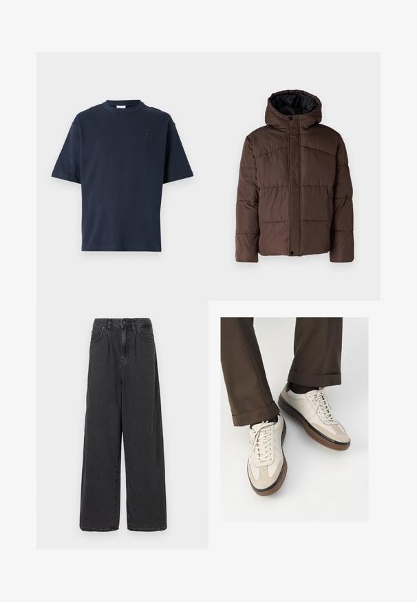 Brun polstret jakke med hætte, der har en quiltet tekstur, frontlukkede tryknapper og sidelommer. Foret med sort stof.; Marineblå t-shirt med korte ærmer lavet af bomuld. Har en rund halsudskæring og et diskret logo på brystet. Lige snit uden mønstre.; Bredde ben, høj talje sorte denimbukser med frontknap og lynlås, der har sidelommer og en glat overflade.; Beige sneakers med en struktureret ruskind front, glatte lædersider og en brun gummisål. Snørebånd og let stikning er inkluderet.