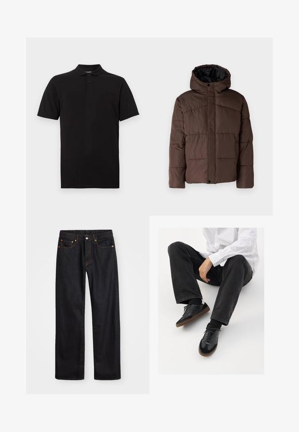 Braune gepolsterte Jacke mit Kapuze, mit gestepptem Muster, vorderem Druckknopfverschluss und seitlichen Taschen. Futter aus schwarzem Stoff.; Schwarzes Polo-Shirt aus Baumwolle mit einem klassischen Kragen, einer Drei-Knopf-Leiste und einem kleinen Logodetail auf der Brust.; Herren gerade geschnittene schwarze Jeans aus Denim mit fünf Taschen und orangefarbenen Nähten, Knopf- und Reißverschluss vorne am Bund.; Schwarze Sneakers mit einer glatten und strukturierten Oberfläche, ausgestattet mit einer Gummisohle und dunklen Schnürsenkeln. Kombiniert mit schwarzen Jeans und einem gestreiften weißen Hemd.