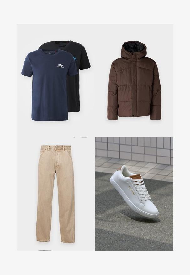 Rjava podložena jakna s kapuco, z nagubanimi teksturami, sprednjim zapiranjem na zaponko in stranskimi žepi. Oblazinjena z črno tkanino.; Dva majice s okruglim izrezom: jedna tamnoplava, druga crna. Obje su pamučne, kratkih rukava s malim bijelim logotipom na prsima.; Beige jeans iz džinsa s ravnim nogavicama, ki imajo sprednje žepe, kovinsko zapiranje in subtilno teksturo.; Bele čevlje iz usnja s gladko teksturo, rjav poudarek na peti, zlati logo ob strani in gumijast podplat z teksturirano zadrgo.