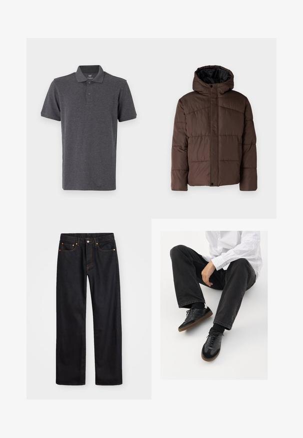 Rjava podložena jakna s kapuco, z nagubanimi teksturami, sprednjim zapiranjem na zaponko in stranskimi žepi. Oblazinjena z črno tkanino.; GAP Polo majica - light grey; Moške črne kavbojke ravnega kroja z petimi žepi in oranžnim šivanjem, z gumbom in zadrgo na sprednjem pasu.; Črne superge z gladkim in strukturiranim zgornjim delom, ki vključuje gumijast podplat in temne vezalke. Uvrščene so z štručasto črnimi kavbojkami in belo črtasto majico.