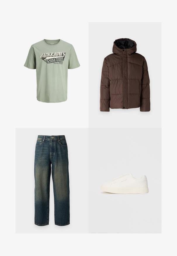 Braune gepolsterte Jacke mit Kapuze, mit gestepptem Muster, vorderem Druckknopfverschluss und seitlichen Taschen. Futter aus schwarzem Stoff.; Hellgrünes Baumwoll-T-Shirt mit einem schwarz-weißen Grafikdesign, das Text enthält. Rundhalsausschnitt, kurze Ärmel und gerader Saum.; Blaue Denim-Jeans mit geradem Schnitt, die ein ausgewaschenes Design mit helleren Farbtönen zum Saum hin aufweisen, fünf Taschen und einen Knopfverschluss haben.; Weiße Slip-On-Sneaker mit einer strukturierten Oberfläche, dicker Sohle und minimalistischem Design. Mit Logo der Marke an der Seite.