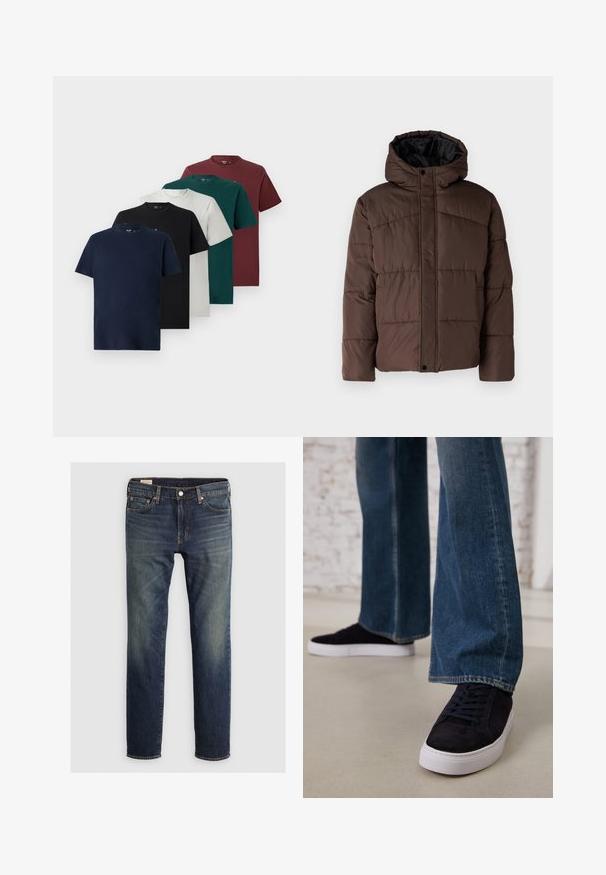 Rudas paminkštas džemperis su gobtuvu, turintis siuvinėtą tekstūrą, priekyje užsegamas mygtukais ir su šoniniais kišenėmis. Iš vidaus pamuštas juoda medžiaga.; Penki paprasti T-shirt marškiniai su apvalia apykakle, tamsiai mėlynos, juodos, baltos, tamsiai žalios ir burgundiškos spalvos, išdėstyti pakaitomis persidengiančiame formate.; Tamsiai mėlyni džinsai su tiesiais kojų kirpimais, penkios kišenės, matoma siuvimo linija ir išblukęs efektas šlaunų srityje. Metalinė mygtukų užsegimo sistema.; Tamsiai mėlyni zomšiniai sportbačiai su baltu guminio padu ir raišteliais, derinami su plačiomis džinsinėmis kelnėmis vidutinio mėlynumo skalbimo.