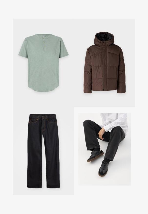 Rjava podložena jakna s kapuco, z nagubanimi teksturami, sprednjim zapiranjem na zaponko in stranskimi žepi. Oblazinjena z črno tkanino.; Mint zelena kratka majica s kratkimi rokavi henley, izdelana iz mehke tkanine, z okroglim izrezom in z 3 gumbi ter zaobljenim robom.; Moške črne kavbojke ravnega kroja z petimi žepi in oranžnim šivanjem, z gumbom in zadrgo na sprednjem pasu.; Črne superge z gladkim in strukturiranim zgornjim delom, ki vključuje gumijast podplat in temne vezalke. Uvrščene so z štručasto črnimi kavbojkami in belo črtasto majico.