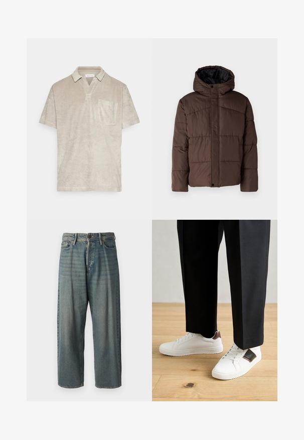 Pruun pehme vooder, millel on kapuuts, koos tikandsurvel tekstuuriga, eesnepp sulgemine ja küljetaskud. Vooder musta kangaga.; Bež lühikeste varrukatega polo särk pehmest, tekstureeritud kangast, millel on kraega kaelus ja üks rinnaeelne tasku.; Heledad sinine denim-stiilis teksad, volüümse lõike, keskmise kõrgusega talje ja sirgete säärega. Omab viit taskut, vöökumme ja nööpide sulgemist.; Valged sneakersid siledat tekstuurist, millel on pruunad nahast detailid ja mustad aksessuaarid, millele on sobitatud mustad kohandatud püksid. Puitpõranda taust.