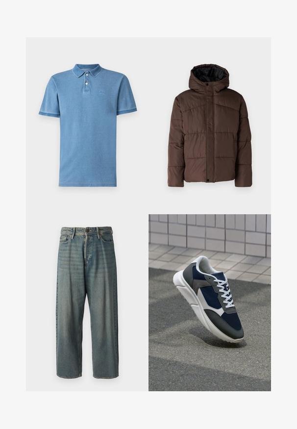 Rudas paminkštas džemperis su gobtuvu, turintis siuvinėtą tekstūrą, priekyje užsegamas mygtukais ir su šoniniais kišenėmis. Iš vidaus pamuštas juoda medžiaga.; GAP LOGO - Polo marškinėliai - light indigo; Šviesiai mėlyni džinsai su laisvu siluetu, vidutinio aukščio juosmeniu ir tiesiomis kojomis. Su penkiais kišenėmis, diržo kilpo ir mygtukų uždarymu.; Sportiniai bateliai su tamsiai mėlynu tinkliniu viršumi, pilkais zomšiniais akcentais, balta guma padanga ir plokščiomis baltomis raištelėmis, sukurti komfortui ir oro pralaidumui.