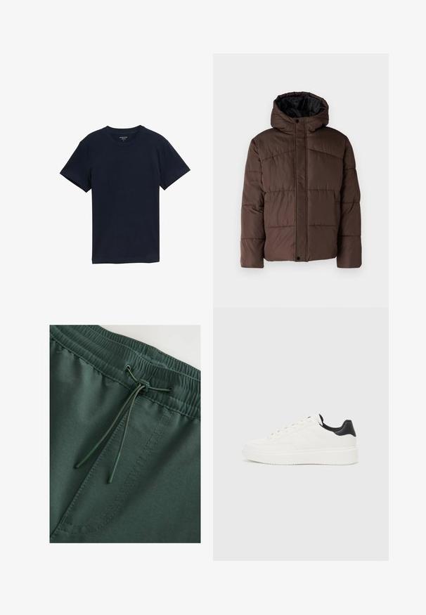 Brūna pūkaina jaka ar kapuci, ar quilted struktūru, priekšējo spiedpogu aizdari un sānu kabatām. Oderēta ar melnu audumu.; Tumš zilas krāsas kokvilnas t-krekls ar īsām piedurknēm, apaļa kakla izgriezuma, gluda tekstūra, vienkāršs dizains, bez rakstiem vai akcentiem, taisns apakšmalas dizains.; Tumši zaļas elastīgas jostas sviedru šortus ar auklu, gluda tekstūra un redzamām šuvju detaļām. Vienkāršs, funkcionāls dizains.; Baltas ādas sporta apavi ar iegravētu rakstu, strukturētu baltu starpzoli un melnu papēža akcentu. Iezīmējas ar apaļu purngali un plakaniem auklām.