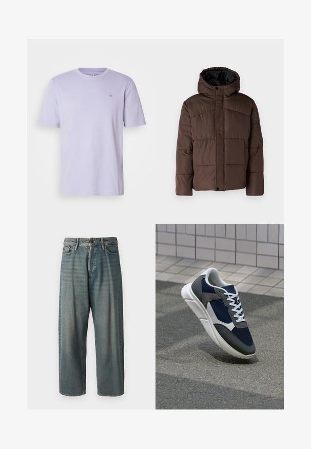 Smešasti smeđi kaput s kapuljačom, sa prošivenom teksturom, prednjim kopčanjem na dugmad i bočnim džepovima. Podstavljen crnom tkaninom.; Svijetloplavi pamučni majica s okruglim izrezom, kratkim rukavima i malim logotipom izvezenim na prsima. Mekana tekstura i standardni kroj.; Svijetloplave traperice s širokim krojem, srednjim pojasom i ravnim nogavicama. Ima pet džepova, petlje za remen i kopčanje na gumb.; Tenisice s gornjim dijelom od mrežastog materijala tamnoplave boje, siva antilopova naglašavanja, bijela gumena potplat i ravne bijele vezice, dizajnirane za udobnost i prozračnost.