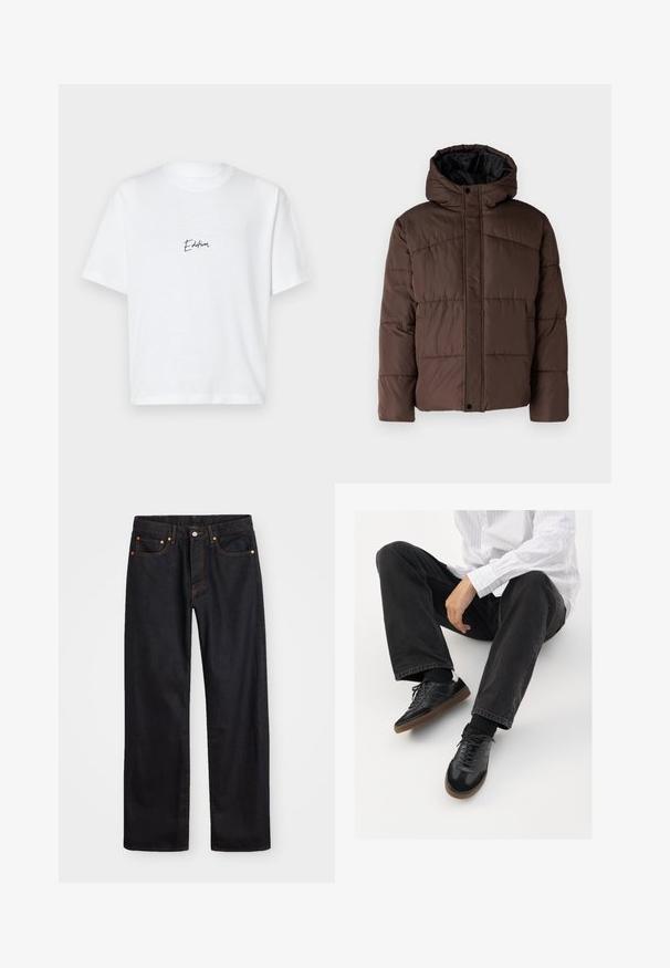 Brūna pūkaina jaka ar kapuci, ar quilted struktūru, priekšējo spiedpogu aizdari un sānu kabatām. Oderēta ar melnu audumu.; Balts kokvilnas T-krekls ar īsām piedurknēm, klasisku ovālu kakla izgriezumu un melnu skriptveida "Edition" tekstu kreisajā krūšu daļā.; Vīriešu taisno kāju melnie džinsi ar piecām kabatām un oranžu izšuvumu, ar pogu un zipa aizdari priekšējā jostas daļā.; Melnas sporta kurpes ar gludu un teksturētu virsu, apgādātas ar gumijas zoli un tumšiem auklām. Saskaņotas ar melniem džinsiem un baltu svītrainu krekls.