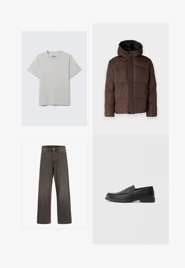 Brun polstret jakke med hette, med flettestruktur, frontlås med trykknapper og sidelommer. Fôret med svart stoff.; Lys grå bomull T-skjorte med rund hals og korte ermer, med et minimalistisk design og en avslappet passform. Ingen mønstre eller detaljer.; Videbukser i mørkegrå denim, med høj talje, klassisk fem-lomme design og kontrasterende syninger langs sømmene.; Svart skinnloafers med glatt finish, mokkasin-stil overdel, broderte detaljer og gummisåle. Klassisk design med lav hæl.