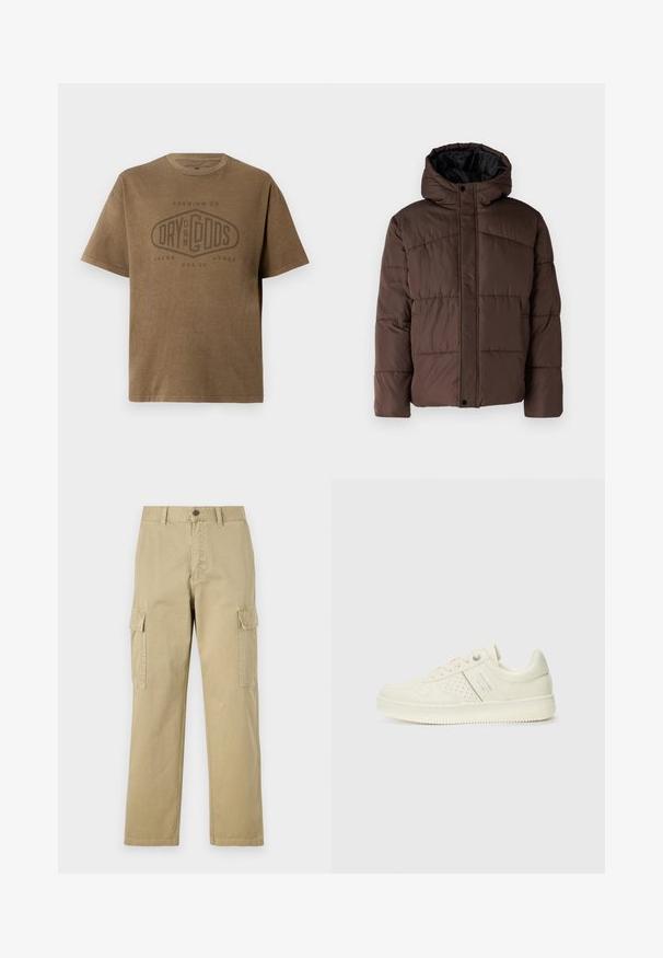 Brown padded jacket with a hood, featuring quilted texture, front snap closure, and side pockets. Lined with black fabric.; Brown short-sleeve T-shirt with round neck and faded logo text "Premium Co. Dry On My Gods Jack & Jones Est. 90" printed on front.; Beige cargo pants made of cotton, featuring two side pockets, a button closure, and straight legs with a slightly textured fabric.; Cream-colored sneaker with perforated detailing, laces, and logo on the side, displayed against a plain white background.