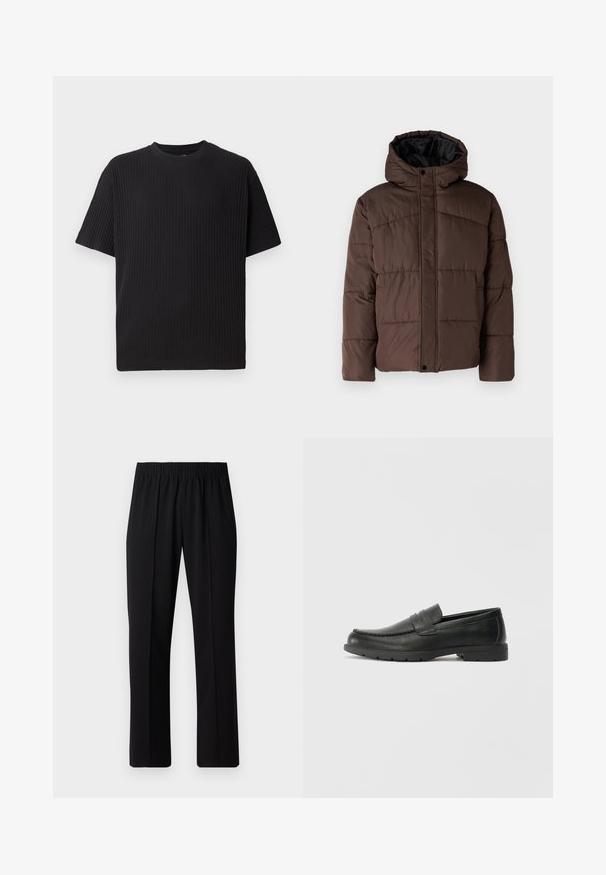 Brown padded jacket with a hood, featuring quilted texture, front snap closure, and side pockets. Lined with black fabric.; Black ribbed short-sleeve t-shirt with a crew neck, featuring a textured surface and a relaxed fit.; Black, elastic-waist trousers with a straight-leg design, featuring a smooth texture and no visible patterns or hardware.; Black leather loafers with a smooth finish, moccasin-style upper, stitched detailing, and a rubber sole. Classic design with a low heel.