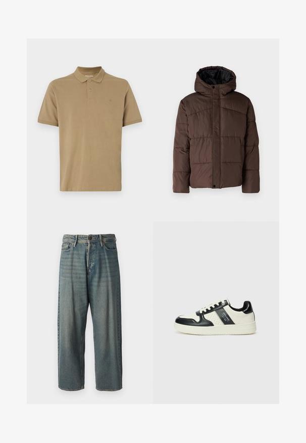 Braune gepolsterte Jacke mit Kapuze, mit gestepptem Muster, vorderem Druckknopfverschluss und seitlichen Taschen. Futter aus schwarzem Stoff.; Khakifarbenes Poloshirt aus Baumwolle mit Kragen, Zwei-Knopf-Leiste, kurzen Ärmeln und kleinem Logo auf der Brust. Angenehme, glatte Textur.; Helle blaue Denim-Jeans mit lockerer Passform, mittelhoher Taille und geraden Beinen. Hat fünf Taschen, Gürtelschlaufen und einen Knopfverschluss.; Leder-Sneaker in Schwarz- und Cremetönen, mit perforierten Akzenten, einem gepolsterten Kragen und einer strukturierten Laufsohle.