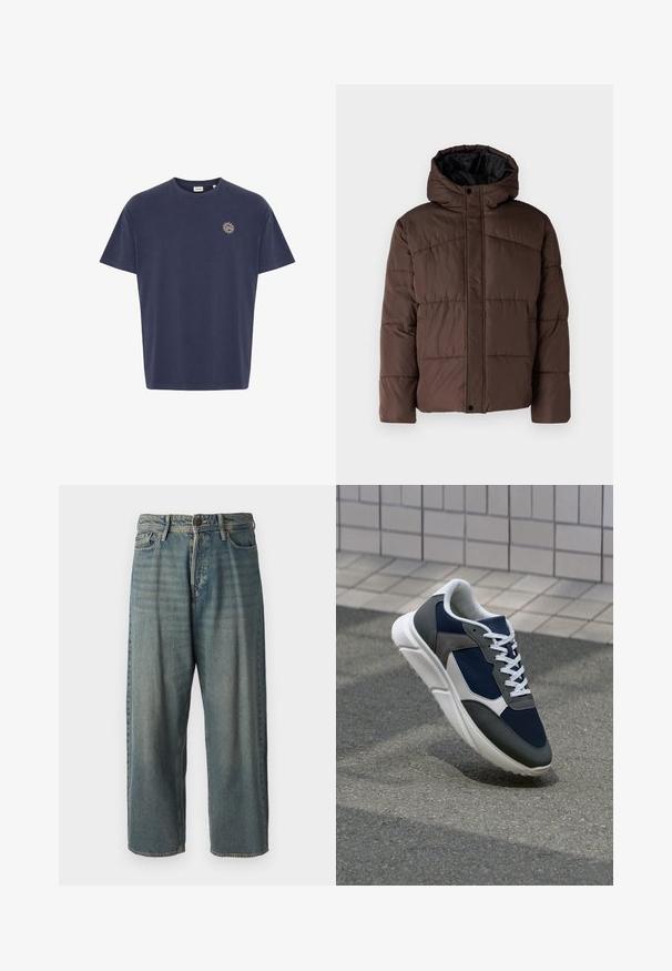 Brown padded jacket with a hood, featuring quilted texture, front snap closure, and side pockets. Lined with black fabric.; Navy blue cotton t-shirt, short sleeves, crew neckline, features small sun emblem in gold on the left chest area. Classic straight cut.; Light blue denim jeans with a loose fit, mid-rise waist, and straight legs. Features five pockets, belt loops, and a button closure.; Sneaker featuring a navy blue mesh upper, gray suede accents, white rubber sole, and flat white laces, designed for comfort and breathability.