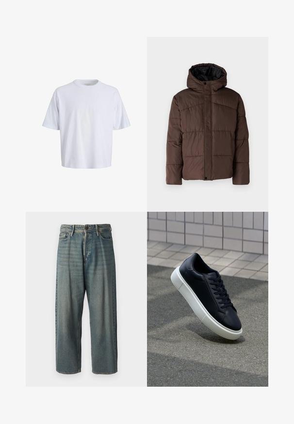 Braune gepolsterte Jacke mit Kapuze, mit gestepptem Muster, vorderem Druckknopfverschluss und seitlichen Taschen. Futter aus schwarzem Stoff.; Weißes Baumwoll-T-Shirt mit Rundhalsausschnitt, kurzen Ärmeln und lockerer Passform. Glatte Textur und minimalistisches Design ohne sichtbare Muster oder Akzente.; Helle blaue Denim-Jeans mit lockerer Passform, mittelhoher Taille und geraden Beinen. Hat fünf Taschen, Gürtelschlaufen und einen Knopfverschluss.; Schwarze Leder-Sneaker mit runder Zehenpartie und weißer Gummisohle. Verfügt über flache Schnürsenkel und minimale Nähte im Obermaterial. Strukturiertes Sohlenprofil für besseren Halt.