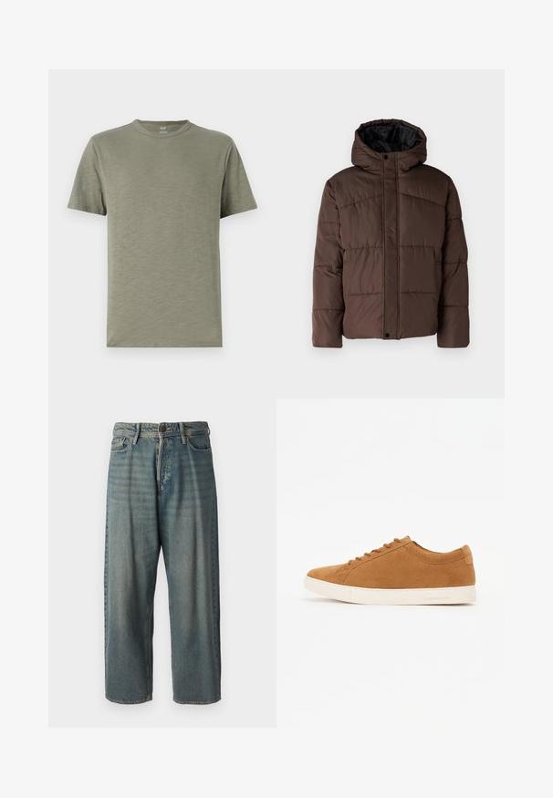 Brūna pūkaina jaka ar kapuci, ar quilted struktūru, priekšējo spiedpogu aizdari un sānu kabatām. Oderēta ar melnu audumu.; Olīvzaļš kokvilnas t-krekls ar apaļu kakla izgriezumu, īsām piedurknēm un maigu, gludu tekstūru. Vienkāršs dizains bez rakstiem vai akcentiem.; Gaiši zili džinsi ar brīvu piegriezumu, vidējo jostas augstumu un taisnām kājām. Satur piecas kabatas, jostas cilpas un pogu aizdari.; Brūni zamšādas ikdienas apavi ar zemu augstumu, baltu gumijas zoli un noapaļotu purngalu. Iezīmē saskaņotas auklas un minimālu zīmolu uz papēža.