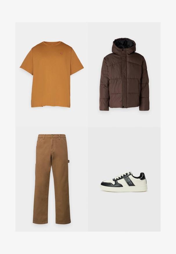 Pruun pehme vooder, millel on kapuuts, koos tikandsurvel tekstuuriga, eesnepp sulgemine ja küljetaskud. Vooder musta kangaga.; Levi's® Plus BIG ORIGINAL TEE - Lihtne T-särk - dark ginger; Pruunid puuvillased cargo-püksid sirgete jalgega, küljetaskute ja metallnööbiga vööl. Sile tekstuur ja lõdvestunud disain.; Nahatud nahkkingad musta ja kreemi värviskeemiga, millel on perforeeritud aktsendid, pehme krae ja tekstureeritud tallad.