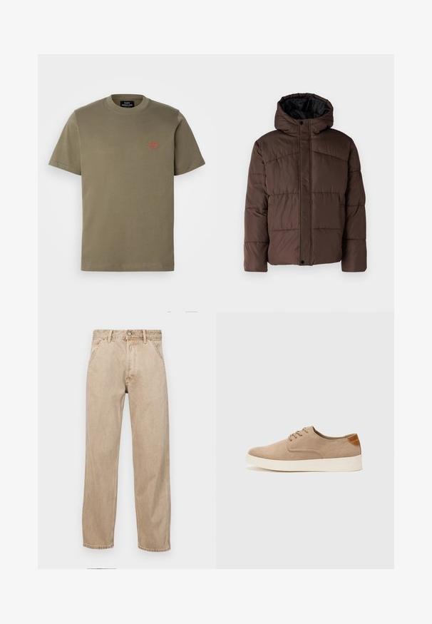 Pruun pehme vooder, millel on kapuuts, koos tikandsurvel tekstuuriga, eesnepp sulgemine ja küljetaskud. Vooder musta kangaga.; Oliivroheline puuvillane T-särk ümmarguse kaelusega, lühikeste varrukatega ja väikese punase tikandiga logo vasaku rinna piirkonnas.; Bežidemini teksased sirgjoonise kujundusega, front pocket'itega, metallist nööbi kinnitusega ja peene tekstuuriga.; Beežid nahast tossud ümarate varvastega, paeltega esiosa ja tekstuuriga tagakontuuriga. Valge kummist tallapakkumine loob kontrasti. Lihtne ja kaasaegne disain.