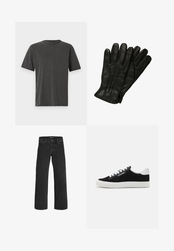 Brązowa pikowana kurtka z kapturem, z zapięciem na napy z przodu i bocznymi kieszeniami. Podszewka z czarnej tkaniny.; Ciemnoszary t-shirt z krótkim rękawem i okrągłym dekoltem, wykonany z miękkiej bawełny, z subtelnymi detalami przeszycia wzdłuż brzegów.; Czarne dżinsy o szerokich nogawkach; charakteryzują się klasycznym pięciokomorowym wzorem, mocnym przeszyciem i zapięciem na guzik w pasie.; Jack & Jones JFWMORDEN czarny; Czarne skórzane rękawiczki o gładkiej fakturze, pięć palców i subtelne detale w szwach. Klasyczny design, odpowiednie do użytku w zimnych warunkach.