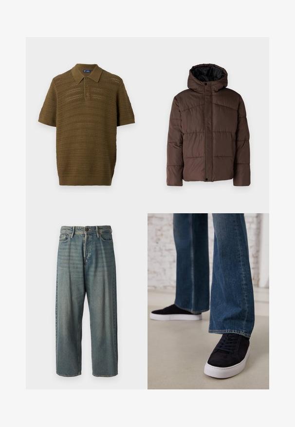 Smešasti smeđi kaput s kapuljačom, sa prošivenom teksturom, prednjim kopčanjem na dugmad i bočnim džepovima. Podstavljen crnom tkaninom.; Polo majica kratkih rukava u maslinasto zelenoj boji, s teksturiranim, otvorenim pletenjem, horizontalnim prugama i rebrastim ovratnikom i rubovima.; Svijetloplave traperice s širokim krojem, srednjim pojasom i ravnim nogavicama. Ima pet džepova, petlje za remen i kopčanje na gumb.; Tamno plave ante bluze tenisice s bijelim gumam potplatom i vezicama, u kombinaciji s trapericama širokih nogavica u srednje plavoj boji.