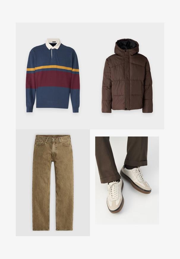 Pruun pehme vooder, millel on kapuuts, koos tikandsurvel tekstuuriga, eesnepp sulgemine ja küljetaskud. Vooder musta kangaga.; Tume pikkade varrukatega polo-särk, millel on burgundy ja sinepivärvi triibud. Kontrastne valge kaelus ja nööpide rida. Pehme puuvillane kangas.; Soehised pruunid denimpüksid sirge jala disainiga, viie tasku stiiliga ja vasktooni riistvara. Tekstureeritud kangas, millel on nähtavad õmbluse detailid.; Bežid spordijalised, millel on tekstuuriga suede esiosa, siledast nahast küljed ja pruun kummitald. Lisatud on paelad ja heledad õmbluse detailid.