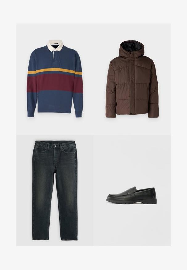 Giacca imbottita marrone con cappuccio, caratterizzata da una texture trapuntata, chiusura frontale con bottoni a pressione e tasche laterali. Foderata in tessuto nero.; Polo a maniche lunghe in blu navy, con strisce bordeaux e senape. Collo bianco a contrasto con patta dei bottoni. Tessuto in cotone morbido.; Jeans in denim blu scuro con taglio dritto, dotati di cinque tasche, chiusura con zip e cuciture a contrasto. Leggera scoloritura sul tessuto.; Mocassini neri in pelle con una finitura liscia, parte superiore in stile mocassino, dettagli cuciti e suola in gomma. Design classico con tacco basso.