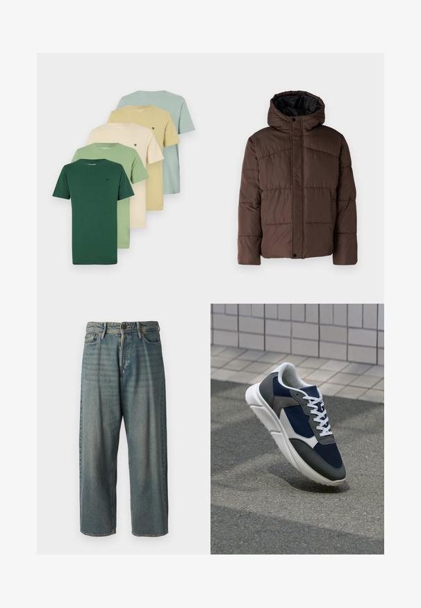 Rudas paminkštas džemperis su gobtuvu, turintis siuvinėtą tekstūrą, priekyje užsegamas mygtukais ir su šoniniais kišenėmis. Iš vidaus pamuštas juoda medžiaga.; Penki marškiniai suapvalintais kaklais ir trumpomis rankovėmis, išdėstyti žalios spalvos gradientu iki šviesiai smėlinės. Pagaminti iš medvilnės, kiekvienas turi mažą logotipą.; Šviesiai mėlyni džinsai su laisvu siluetu, vidutinio aukščio juosmeniu ir tiesiomis kojomis. Su penkiais kišenėmis, diržo kilpo ir mygtukų uždarymu.; Sportiniai bateliai su tamsiai mėlynu tinkliniu viršumi, pilkais zomšiniais akcentais, balta guma padanga ir plokščiomis baltomis raištelėmis, sukurti komfortui ir oro pralaidumui.