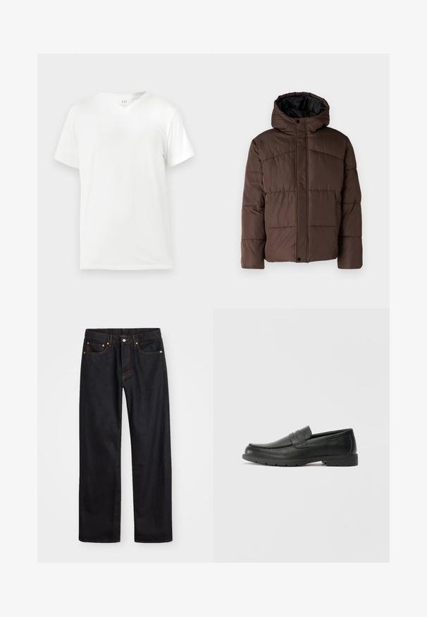 Braune gepolsterte Jacke mit Kapuze, mit gestepptem Muster, vorderem Druckknopfverschluss und seitlichen Taschen. Futter aus schwarzem Stoff.; Weißes Baumwoll-T-Shirt mit kurzen Ärmeln und V-Ausschnitt, mit lockerem Schnitt und glatter, weicher Textur. Keine Muster oder Akzente vorhanden.; Herren gerade geschnittene schwarze Jeans aus Denim mit fünf Taschen und orangefarbenen Nähten, Knopf- und Reißverschluss vorne am Bund.; Schwarze Lederloafers mit glatter Oberfläche, Mokassin-oberteil, genähten Details und Gummisohle. Klassisches Design mit niedrigem Absatz.