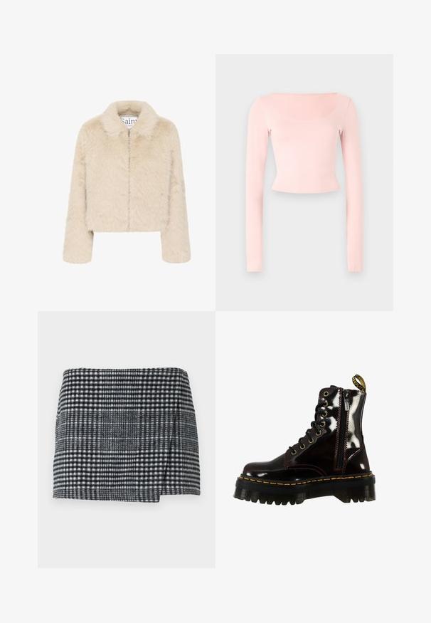 Saint Tropez ZASELINE beżowy melanż; Różowy długi rękaw krótki top z kwadratowym dekoltem, wykonany z miękkiego materiału, z dopasowanym krojem i gładką fakturą.; Woolowa mini spódnica w czarno-białą kratę houndstooth, prosty krój z lekko asymetrycznym dołem i teksturowanym materiałem.; Czarne lakierowane botki za kostkę z chunky podeszwą, żółtym przeszyciem, bocznym zamkiem błyskawicznym i okrągłym noskiem. Posiada sześć oczek na sznurowadła.