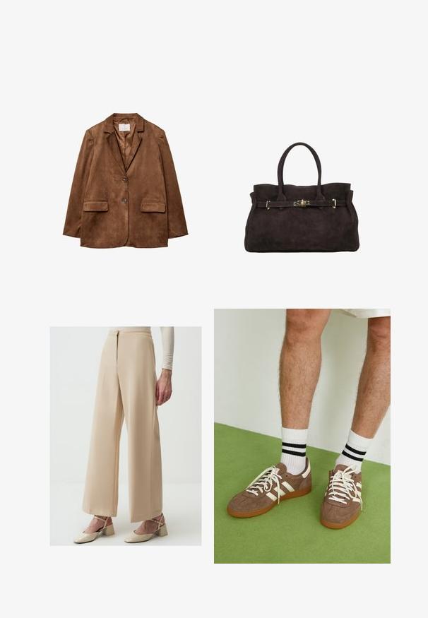 Brown suede blazer with a notched collar, two front pockets, and a double button closure. Smooth texture and tailored fit.; Massimo Dutti STRIPED WITH REMOVABLE BANDANA - Jumper - beige; Beige wide-leg trousers made of smooth fabric, featuring a high waist, pleats, and a clean finish. Paired with beige heeled shoes.; Brown suede sneakers with white accents and laces. Rubber gum sole. Worn with white socks featuring black stripes. Green textured flooring.; ESTRO DUŻA - Handbag - dark brown