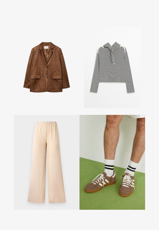 Brauner Wildlederblazer mit Reverskragen, zwei Fronttaschen und doppelter Knopfleiste. Glatte Textur und taillierte Passform.; Massimo Dutti STRIPED WITH REMOVABLE BANDANA - Strickpullover - beige; Weite Beinstoffhosen in einer hellbeigen Farbe, mit einem strukturierten Stoff und einem elastischen Bund für Komfort. Keine Taschen oder sichtbaren Verschlüsse.; Braune Wildleder-Sneaker mit weißen Akzenten und Schnürsenkeln. Gummisohle in Kautschuk-Optik. Getragen mit weißen Socken, die schwarze Streifen haben. Grüner strukturierter Fußboden.