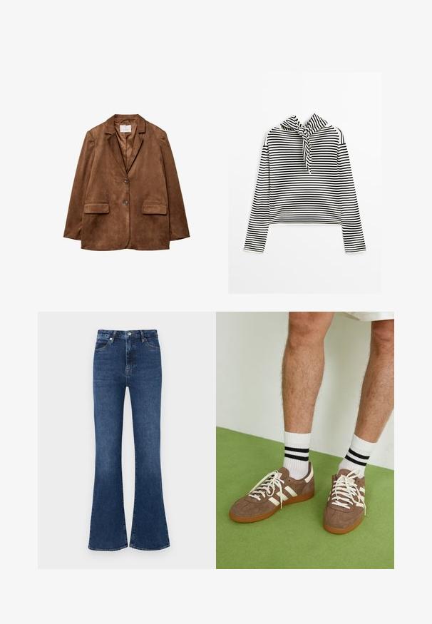 Brązowa skórzana marynarka z wykładanym kołnierzem, dwoma przednimi kieszeniami i podwójnym zapięciem na guziki. Gładka tekstura i dopasowany krój.; Massimo Dutti - Sweter; Ciemnoniebieskie dzwony wykonane z denimu, z wysokim stanem, standardowym pięciokomorowym fasonem oraz subtelnymi zdobieniami z przeszyć.; Brązowe zamszowe sneakersy z białymi akcentami i sznurówkami. Gumowa, brązowa podeszwa. Noszone z białymi skarpetkami w czarne paski. Zielona teksturowana podłoga.