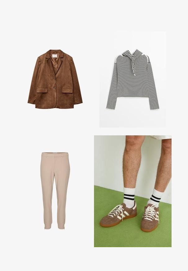 Blazer en daim marron avec un col cranté, deux poches avant et une fermeture à double bouton. Texture lisse et coupe ajustée.; Massimo Dutti STRIPED WITH REMOVABLE BANDANA - Pullover - beige; Pantalons beiges ajustés, dotés de poches latérales et de détails zippés à l'ourlet, fabriqués dans un tissu lisse et léger.; Baskets en daim marron avec des accents et des lacets blancs. Semelle en caoutchouc gomme. Portées avec des chaussettes blanches à rayures noires. Sol texturé vert.