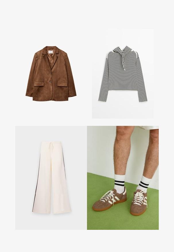 Brauner Wildlederblazer mit Reverskragen, zwei Fronttaschen und doppelter Knopfleiste. Glatte Textur und taillierte Passform.; Massimo Dutti STRIPED WITH REMOVABLE BANDANA - Strickpullover - beige; Helle, weite Hosen aus glattem Material mit einem Kordelzugbund und kontrastierenden dunklen Seitenstreifen. Flach geschnitten, ohne Taschen.; Braune Wildleder-Sneaker mit weißen Akzenten und Schnürsenkeln. Gummisohle in Kautschuk-Optik. Getragen mit weißen Socken, die schwarze Streifen haben. Grüner strukturierter Fußboden.