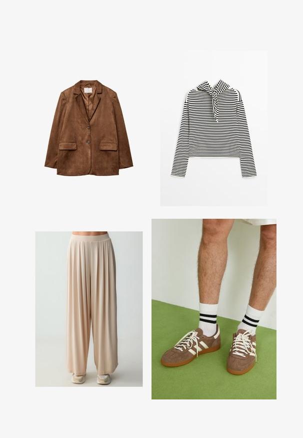 Brauner Wildlederblazer mit Reverskragen, zwei Fronttaschen und doppelter Knopfleiste. Glatte Textur und taillierte Passform.; Massimo Dutti STRIPED WITH REMOVABLE BANDANA - Strickpullover - beige; Beige weite Hosen mit einer weichen, fließenden Textur und einem bequemen elastischen Bund, die eine lockere Passform und subtile Drapierung aufweisen.; Braune Wildleder-Sneaker mit weißen Akzenten und Schnürsenkeln. Gummisohle in Kautschuk-Optik. Getragen mit weißen Socken, die schwarze Streifen haben. Grüner strukturierter Fußboden.