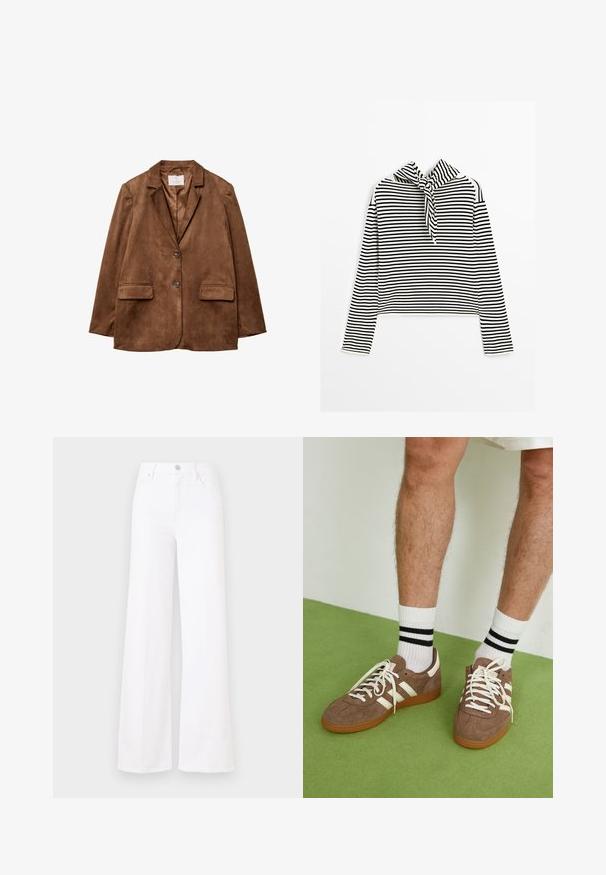 Brauner Wildlederblazer mit Reverskragen, zwei Fronttaschen und doppelter Knopfleiste. Glatte Textur und taillierte Passform.; Massimo Dutti STRIPED WITH REMOVABLE BANDANA - Strickpullover - beige; Weißes, weit geschnittenes Jeansmodell aus Denim, mit hoher Taille, vorderem Knopfverschluss und vier Taschen. Glatte Textur ohne sichtbare Muster.; Braune Wildleder-Sneaker mit weißen Akzenten und Schnürsenkeln. Gummisohle in Kautschuk-Optik. Getragen mit weißen Socken, die schwarze Streifen haben. Grüner strukturierter Fußboden.