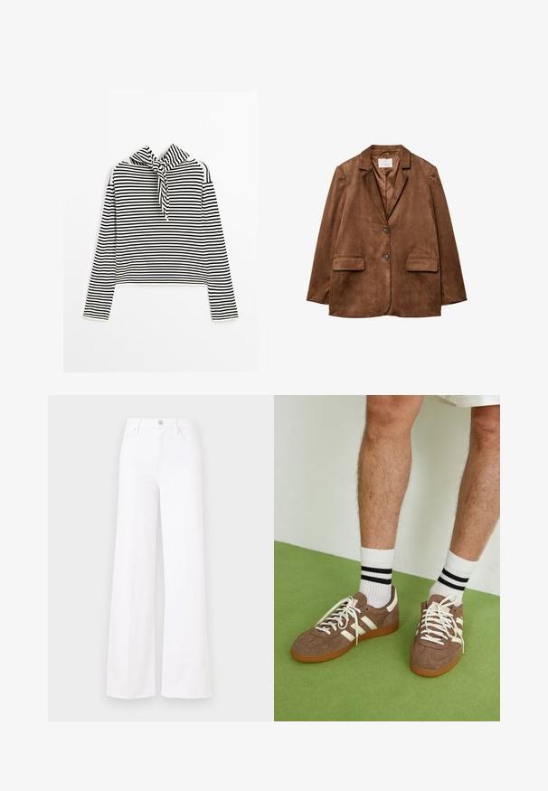 Hnědý zamšový blejzr s klopovým límcem, dvěma předními kapsami a dvouřadým zapínáním. Hladká textura a přiléhavý střih.; Massimo Dutti STRIPED WITH REMOVABLE BANDANA - Svetr - beige; Bílé volné džíny s vysokým pasem vyrobené z denimové látky, s předním zapínáním na knoflík a čtyřmi kapsami. Hladká textura bez viditelných vzorů.; Hnědé semišové tenisky s bílými akcenty a tkaničkami. Gumová podrážka. Nošeny s bílými ponožkami s černými pruhy. Zelená strukturovaná podlaha.