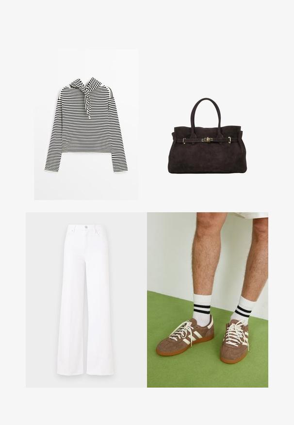 Brauner Wildlederblazer mit Reverskragen, zwei Fronttaschen und doppelter Knopfleiste. Glatte Textur und taillierte Passform.; Massimo Dutti STRIPED WITH REMOVABLE BANDANA - Strickpullover - beige; Weißes, weit geschnittenes Jeansmodell aus Denim, mit hoher Taille, vorderem Knopfverschluss und vier Taschen. Glatte Textur ohne sichtbare Muster.; Braune Wildleder-Sneaker mit weißen Akzenten und Schnürsenkeln. Gummisohle in Kautschuk-Optik. Getragen mit weißen Socken, die schwarze Streifen haben. Grüner strukturierter Fußboden.; ESTRO DUŻA - Handtasche - dark brown