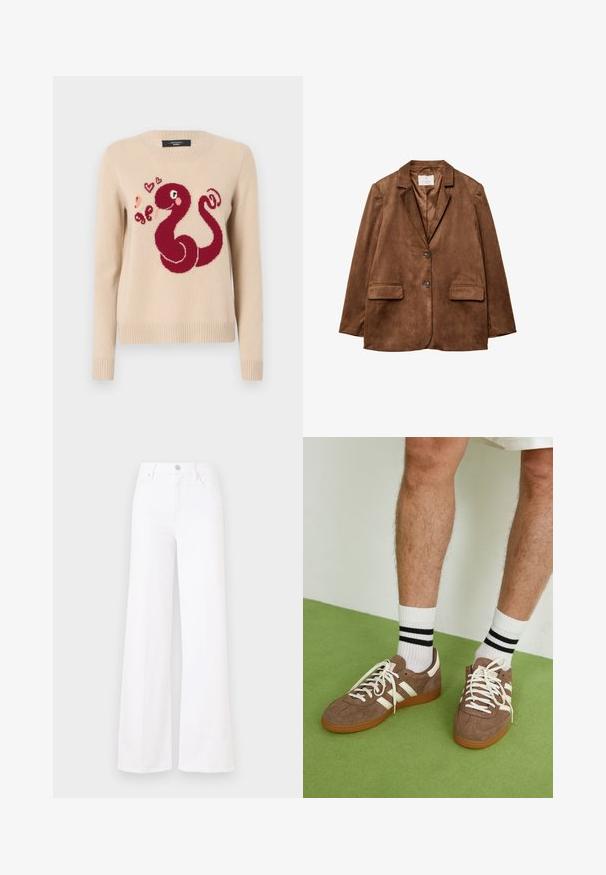 Bruine suède blazer met een notch-kraag, twee voorzakken en een dubbele knopenluiting. Gladde textuur en op maat gemaakte pasvorm.; Beige trui met een ontwerp van een rode octopus met harten, gebreide textuur, ribgebreide mouwen en zoom, en een ronde halslijn.; Witte wijde jeans van denim met een hoge taille, voorzien van een knoopsluiting, riemlussen en voorzakken. Glad uiterlijk, geen zichtbare patronen.; Bruine suède sneakers met witte accenten en veters. Rubberen gumzool. Draag met witte sokken met zwarte strepen. Groene gestructureerde vloer.