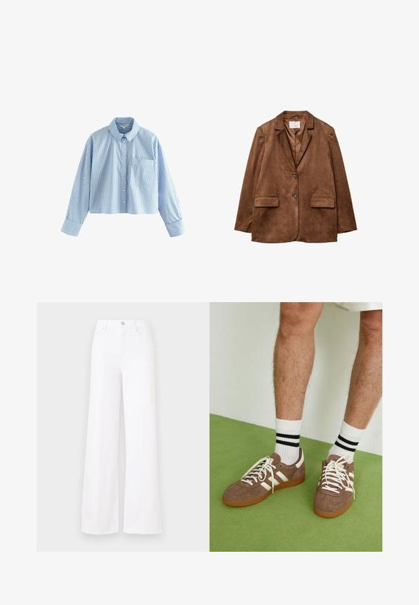 Brown suede blazer with a notched collar, two front pockets, and a double button closure. Smooth texture and tailored fit.; Cropped button-up shirt with long sleeves, made of blue and white striped fabric. Features a collar and a chest pocket on the left side.; White wide-leg jeans made of denim, featuring a high waist, front button closure, and four pockets. Smooth texture with no visible patterns.; Brown suede sneakers with white accents and laces. Rubber gum sole. Worn with white socks featuring black stripes. Green textured flooring.