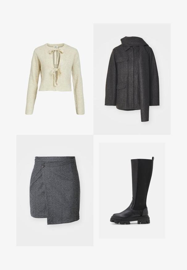 Czarny wełniany płaszcz w odcieniu ciemnoszarym z wysokim kołnierzem, dwiema przednimi kieszeniami i prostą, zdefiniowaną sylwetką. Posiada teksturowany materiał oraz minimalistyczny design.; Beżowy sweter z prążkowanym wzorem, z długimi rękawami, krótkim krojem i głębokim dekoltem w kształcie litery V, z dwiema przednimi wiązaniami. Miękka struktura i dziane tworzywo.; Trzy bluzki z długim rękawem ułożone jedna na drugiej: czarna, szara i biała. Każda z okrągłym dekoltem i skróconym fasonem, wykonana z gładkiego, lekkiego materiału.; Szara spódnica w jodełkę z teksturowanej wełny, z pojedynczym zapięciem na guzik w pasie oraz asymetrycznym dołem.; Czarne wysokie botki na kolana z gładką skórzaną przodem i teksturowanym tyłem, z masywną, wyprofilowaną podeszwą oraz pętelką ułatwiającą zakładanie.