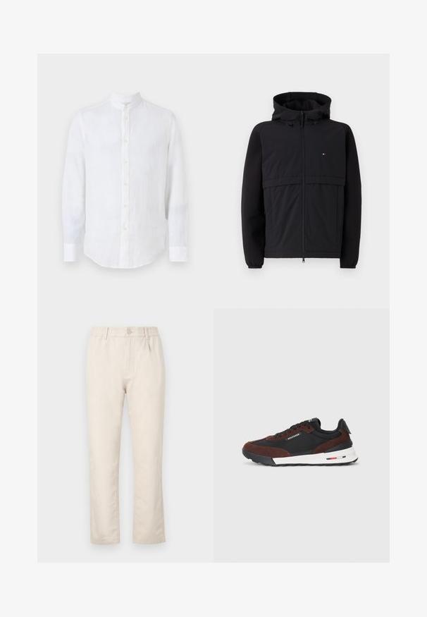 Svart jakke med glidelås foran, hette og kontrasterende materialer med en teksturert frontpanel. Merkelig liten logo på brystet.; Hvit linning skjorte med mandarin krage. Har lange ermer, knappelukking foran og en buet nederkant. Subtil tekstur.; Beige, bomullsblandingsbukser med elastisk linning, knappefeste, rett snitt og subtil struktur uten synlige mønstre.; Tommy Hilfiger RETRO RUNNER MIX - Joggesko - black/cocoa