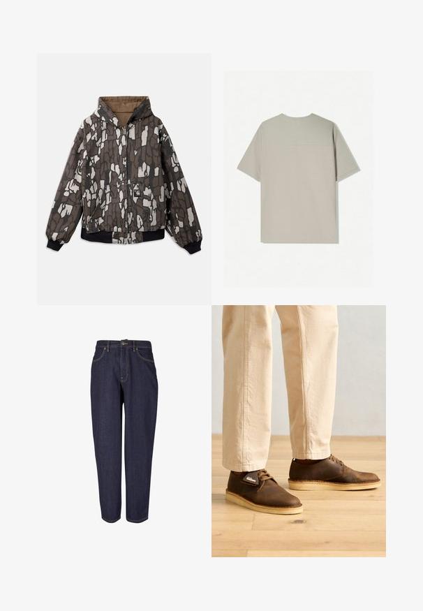 Huva-jacka i brunt och grått, med ett texturerat abstrakt mönster, dragkedja fram, två fickor samt elastiska ärmslut och fåll.; Beige bomull t-shirt med kort ärm. Har en enkel design och rund halsringning. Slät yta med minimal sömnad på baksidan.; Mörka denimjeans med rak bendesign, som har en traditionell femficksstil, subtila guldsömmar och en metallknappsstängning.; Bruna läderskor med en slät yta, rund tå och ljusa gummisulor. I kombination med ljusbeiga byxor.