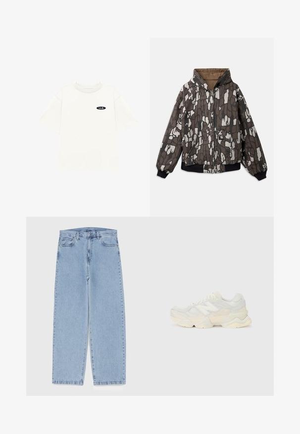 Hooded jacket in brown and gray, featuring a textured abstract pattern, zip front, two pockets, and elastic cuffs and hem.; Short-sleeve, crewneck t-shirt in light beige fabric. Features a small black oval patch with "L.L.S." logo on the chest.; Light blue denim jeans with straight leg design, featuring a mid-rise waist, five pockets, and a button and zipper closure.; Lightweight sneaker featuring a mesh and suede upper in soft cream tones, with a chunky sole and three-dimensional accents.