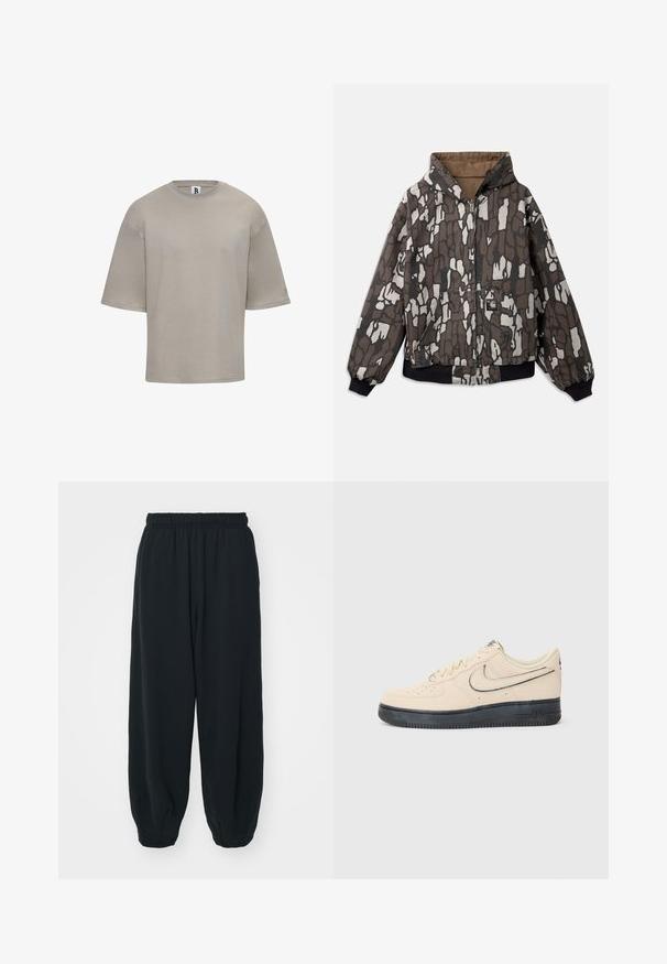Kurtka z kapturem w brązowym i szarym kolorze, z teksturowanym wzorem abstrakcyjnym, zapinana na zamek z przodu, z dwoma kieszeniami oraz elastycznymi mankietami i dolnym brzegiem.; Koszulka z krótkim rękawem i okrągłym dekoltem w jasnym beżowym kolorze z bawełny. Posiada luźny krój, gładką fakturę oraz subtelną markę na rękawie.; Czarne dresy z elastycznym pasem, luźny krój, ściśnięte nogawki, gładka tekstura, bez widocznych wzorów lub ozdób.; Beżowe zamszowe sneakersy Nike Air Force 1 z czarną gumową podeszwą, przeszyciami, perforowanym noskiem i wyraźnym logo swoosh.