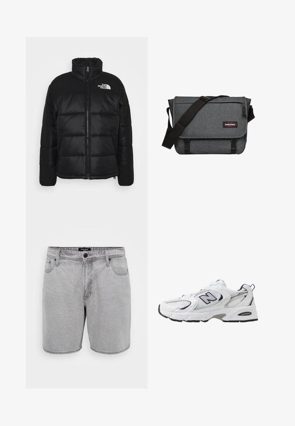 Mustat puffatakki, jossa on korkea kaulus, täysi vetoketjusulku, tikattu muotoilu ja brändin logo vasemmassa yläkulmassa.; Vaaleansininen villatakki, jossa on teksturoitu neule ja valkoinen pilvimäinen kuvio. Pyöreä pääntie ja ribattu hihansuut sekä helma.; Harmaat farkkushortsit suoran leikkauksen kanssa, joissa on etutaskut, nappisuljenta ja klassinen viiden taskun muotoilu.; Valkoinen urheilushoe, jossa on verkkomateriaali päällä, laivastonsiniset yksityiskohdat ja pehmeä pohja. Varustettu "N"-logolla, nauhoilla ja teksturoidulla yksityiskohdalla sivussa.; Harmaa viestintälaukku, jossa on teksturoitu kangas, musta hihna ja solkilukko. Siinä on logopatch ja etupuolelle ommeltu vetoketjullinen tasku.