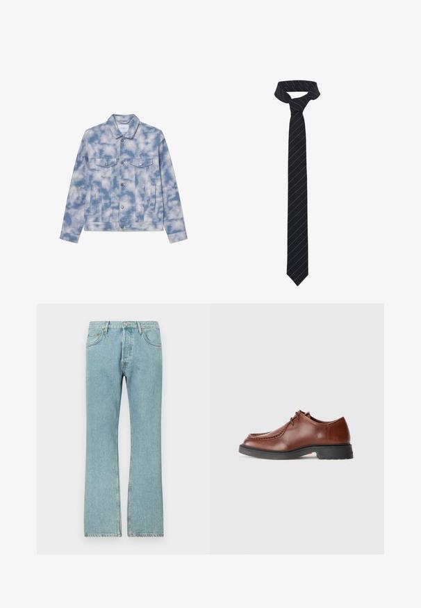Jasnoniebieska kurtka dżinsowa w chmurki, z wyprofilowanym kołnierzem, dwiema kieszeniami na piersi oraz srebrnymi akcentami i zapięciem.; Biała koszula z długim rękawem, wykonana z teksturowanej tkaniny, z klasycznym kołnierzykiem, z przodem na guziki i prostym wykończeniem, o luźnym kroju.; Jasnoniebieskie dżinsy z prostą nogawką, posiadające pięć kieszeni i zapięcie na guziki. Widoczne przeszycia i postrzępiony dół.; Brązowe skórzane buty wizytowe z okrągłym noskiem, kontrastowym przeszyciem, sznurowanym zapięciem oraz teksturowaną czarną gumową podeszwą.; Czarny krawat z diagonalnymi niebieskimi paskami, wykonany z gładkiego materiału. Posiada zwężający się koniec oraz zawiązany uchwyt na górze.