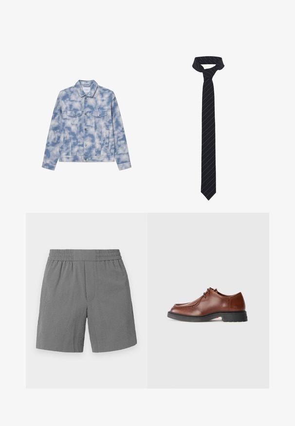 Denim jakna v svetlo modri barvi s oblaki, ki ima koničast ovratnik, dve žepni tasci in srebrne okrasne elemente za zapiranje.; Bela srajca z dolgimi rokavi iz teksturirane tkanine, s klasičnim ovratnikom, sprednjim gumbom in ravnim robom, sproščenega kroja.; Sive kratke hlače z elastičnim pasom, teksturirano blago in ravnim krojem. Imajo dva stranska žepa in subtilen, pisan vzorec.; Rjave usnjene oblečne čevlje z zaobljenim nosom, kontrastnim šivanjem, vezalnim dizajnom in teksturiranim črnim gumijastim podplatom.; Črna kravata z diagonalnimi modrimi črtami, izdelana iz gladkega materiala. Ima koničast konec in zategnjen vozel na vrhu.