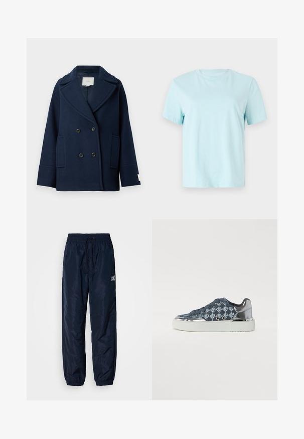 Jūras flotes divrindu mētelis no vilnas maisījuma, ar izliektu lakatu, lielām priekšējām kabatām un melnām pogām. Gluda tekstūra ar minimāliem akcentiem.; Gaiši zils kokvilnas T-krekls ar īsām piedurknēm, apaļu kakla izgriezumu un smalku izšūtu 'Calvin Klein' logo uz priekšpuses.; Jūras zilas vēja jakas bikses, izgatavotas no spīdīga sintētiska materiāla, ar elastīgu jostu un saites mehānismu, ar iebāztiem apakšgaliem un logotipa akcentu.; Zilā rakstainā kedā ar metāla sudraba akcentiem, piesaista ar saites dizainu un mīkstu baltu zoli. Iespējojama teksturēta augšdaļa ar logo elementiem.