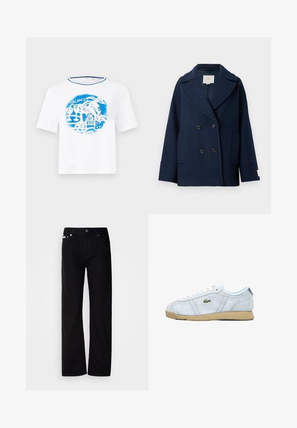 Marineblauwe dubbelrijige jas van een wolmix, met een piekrevers, grote voorzakken en zwarte knopen. Gladde textuur met minimale accenten.; Witte katoenen T-shirt met een blauwe grafische print met tropische elementen en het woord "VACANCES", korte mouwen en een ronde halslijn.; Zwarte denim rechte broek met vijf zakken, zilveren klinknagels en een knoopsluiting. De stof heeft een gladde, licht gestructureerde afwerking.; Lichtblauwe netweave sneakers met een beige rubberen zool, witte veters en een groene logo detail. Beschikt over een ronde neus en gestructureerde zijkanten.